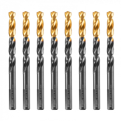 Сверло по металлу, 8,5 мм, HSS-Tin, Golden Tip, 8 шт. Denzel 717220