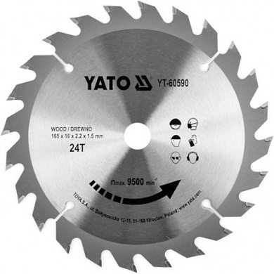 Диск пильный с напаянными зубцами из твердых сплавов 165/16 24T Yato YT-60590