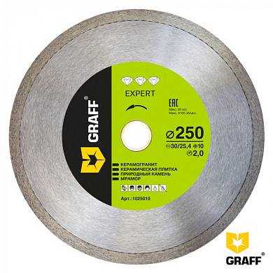 Алмазный диск по керамограниту 250x10х2,0х30/25,4 мм ''Expert'' GRAFF 1025010