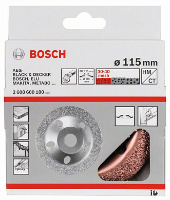 Твердосплавный чашечный шлифкруг 115x22,23 мм, конический, мелкое зерно, Bosch 2608600180