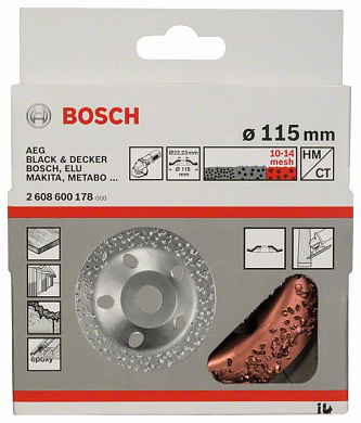 Твердосплавный чашечный шлифкруг 115x22,23 мм, конический, крупное зерно, Bosch 2608600178