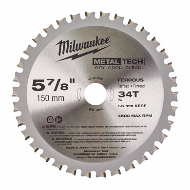 Пильный диск по металлу 150x20 мм Z34 Milwaukee 48404080