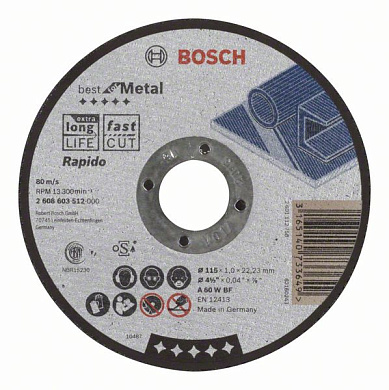 Отрезной круг 115x1x22,23 мм, прямой, Best for Metal, Rapido Bosch 2608603512